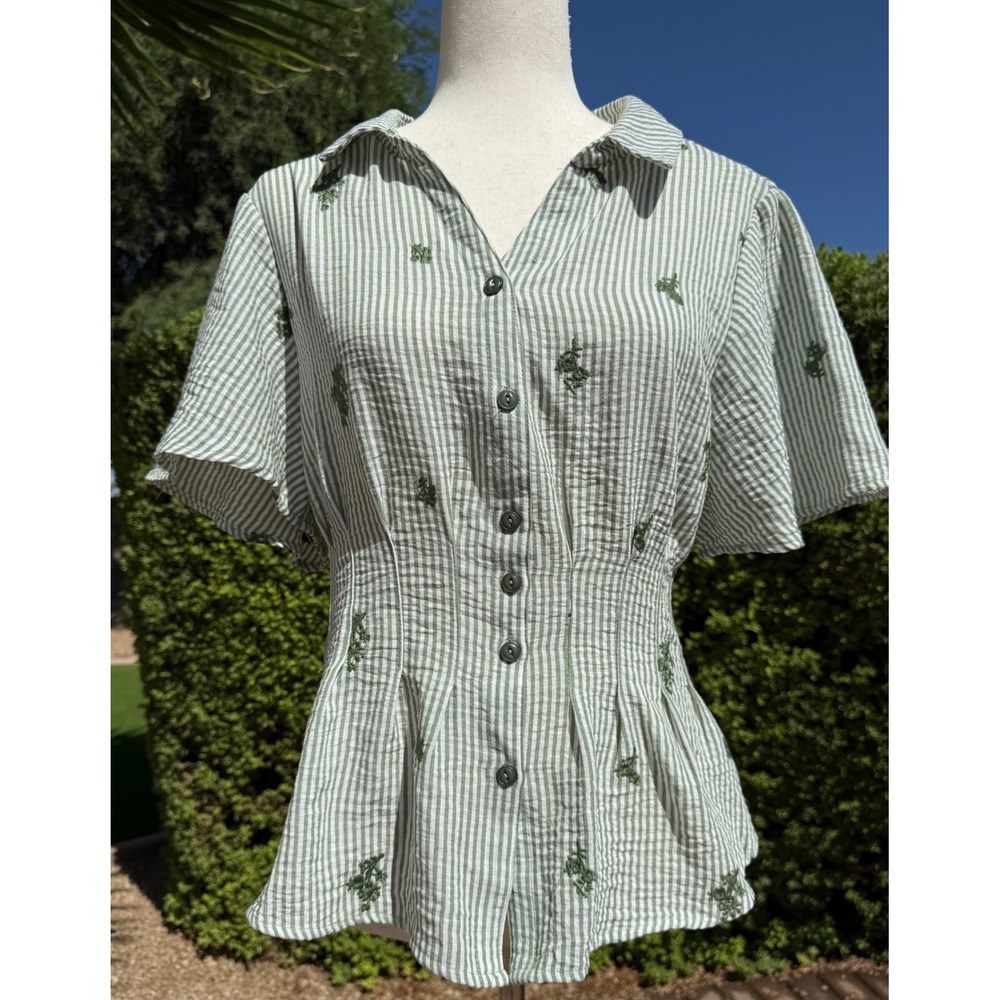 Fig + Flower Embroidered Flowers Striped Peplum Top Green White - Size XL Button